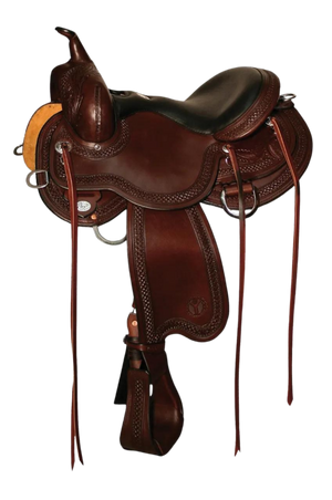 A brown leather western saddle with detailed tooling and a diamond pattern, designed for performance riding.