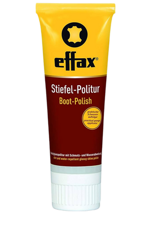 A tube of Effax Boot Polish with an integrated sponge, designed for cleaning and shining leather riding boots.