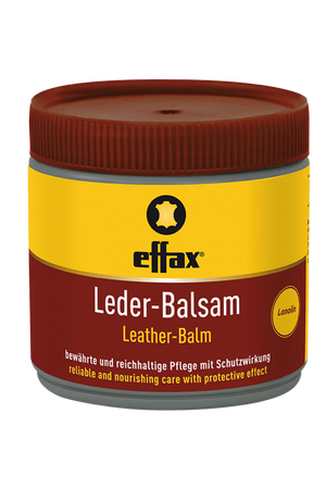 A jar of Effax Leather Balsam with a red lid and yellow label, indicating it is a leather care product.