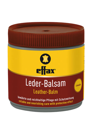 A jar of Effax Leather Balsam with a red lid and yellow label, indicating it is a leather care product.