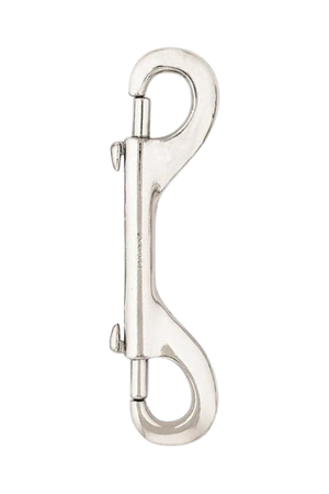 A nickel-plated double-ended snap hook.