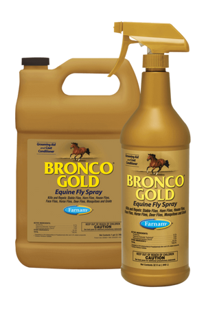 Two bottles of Bronco Gold Equine Fly Spray, one gallon size and one spray bottle size, both with labels showing images of horses.