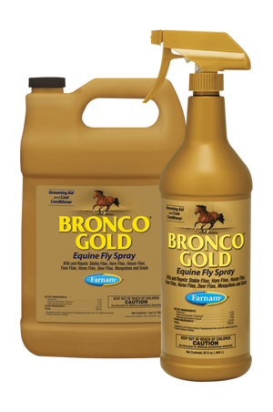 Two bottles of Bronco Gold Equine Fly Spray, one gallon size and one spray bottle size, both with labels showing images of horses.