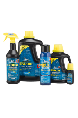 A black spray bottle labeled 'ENDURE' for use on horses, with a blue and green label detailing product information.