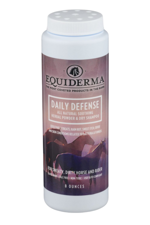A bottle of Equiderma dry shampoo for pets, with label featuring an image of a horse.