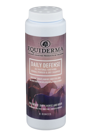 A bottle of Equiderma dry shampoo for pets, with label featuring an image of a horse.