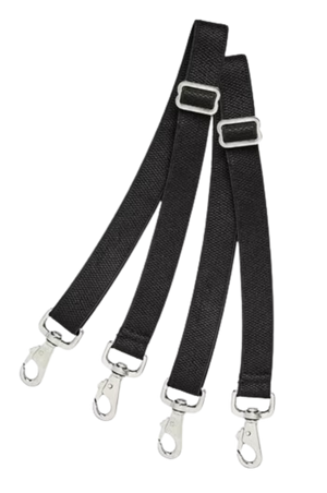 A pair of black elastic blanket leg straps with metal snaps on each end