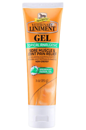 A bottle of ABSORBINE VET LINIMENT GEL, with branding and product information printed on the label.