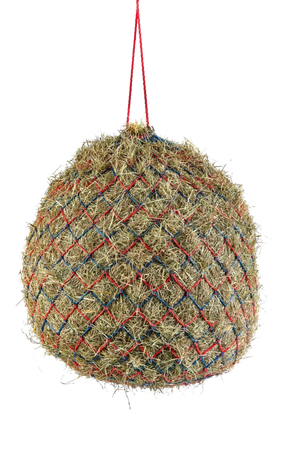 A deluxe hay net with metal rings, hanging, and made of a textile material with a checkered pattern.