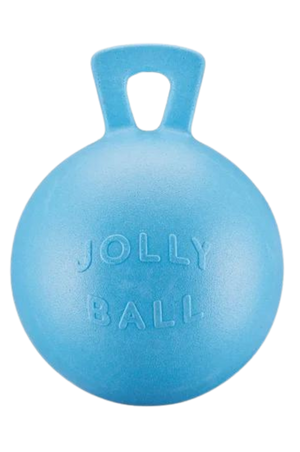A blue Jolly Ball with a handle designed for horse play.
