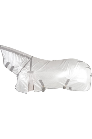 A white horse fly sheet with neck cover, featuring adjustable straps and leg straps, designed to protect the horse from insects and UV rays.
