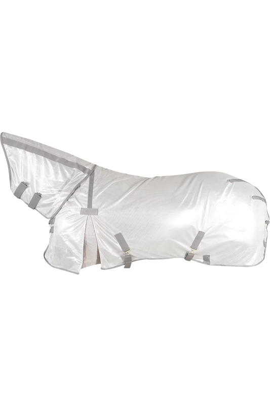 A white horse fly sheet with neck cover, featuring adjustable straps and leg straps, designed to protect the horse from insects and UV rays.