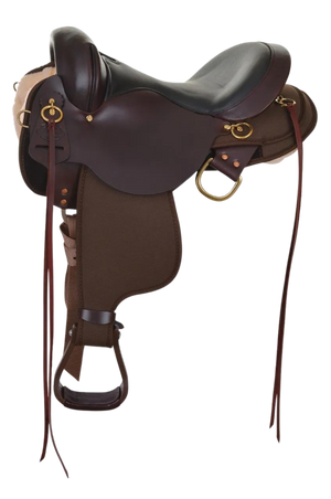A brown Circle Y Highbank Cordura Trail saddle with brass hardware and no horn, designed for endurance riding.