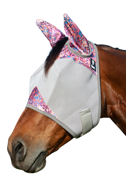 A gray CASHEL Crusader fly mask with ears attached to a horse head.