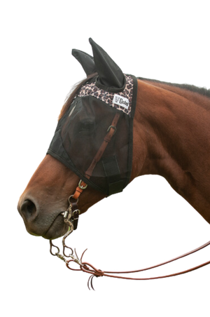 A brown horse wearing a black fly mask with ears attached, designed to protect the horse from insects.