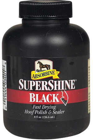 A bottle of ABSORBINE SUPERSHINE BLACK hoof polish with a label showing the product name and 'Fast Drying Hoof Polish & Sealer', with a black background.