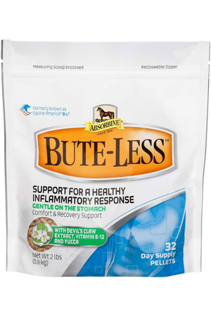 A package of ABSORBINE BUTE-LESS PELLETS for horses, with information indicating a 32-day supply.