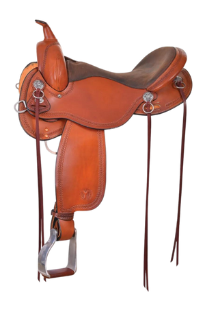 A brown Circle Y Gillette Trail saddle with a wood tree and DURAhide coating, designed for broad shouldered, short backed horses.