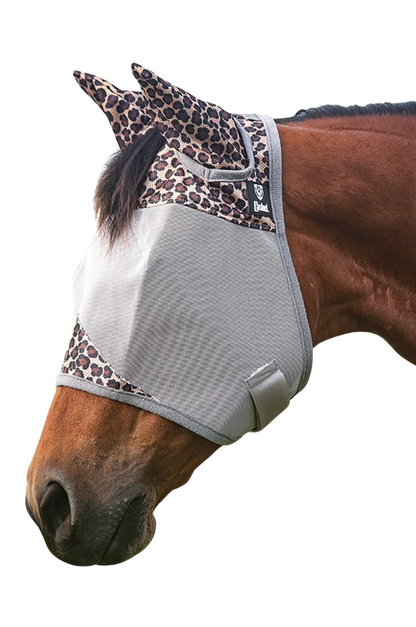 A gray CASHEL Crusader fly mask with ears attached to a horse head.