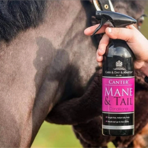 Person holding a bottle of Carr & Day & Martin Mane & Tail product near a horse's mane.
