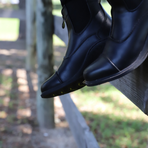 Close-up of black leather boots on a horse with a blurred natural background