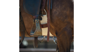 Close-up of a brown leather saddle on a horse with a blurred background