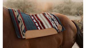 Horse with a patterned saddle blanket in a natural setting