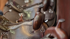 Close-up of a detailed leather boot with metal embellishments