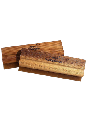 Two wooden sweat scrapers with a brown finish, lying flat against a white background.