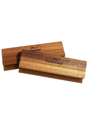 Two wooden sweat scrapers with a brown finish, lying flat against a white background.