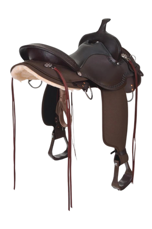 A brown Circle Y Daisetta Cordura Trail saddle with stainless steel hardware and copper flower conchos, featuring lightweight Cordura skirts and fenders, and an adjustable position flat plate rigging.
