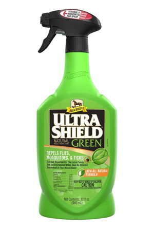 A green bottle of UltraShield Green natural fly spray with a white spray nozzle.