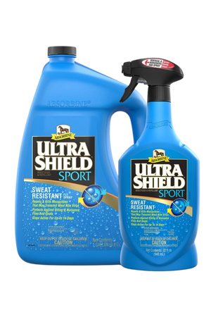 Two bottles of UltraShield Sport sweat-resistant fly spray for horses. One is a large 32oz spray bottle, and the other is a smaller trigger spray bottle both are blue with product name and logos.