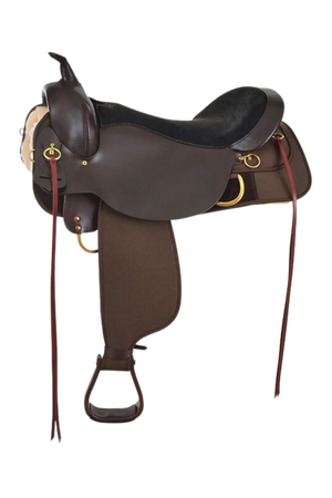 A High Horse Big Rock Western Trail Saddle with a black suede seat, brass hardware, and a Cordura skirt.