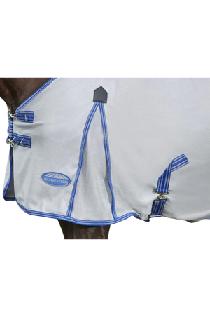 A horse wearing a gray WeatherBeeta ComFiTec Airflow II Detach A Neck mesh sheet designed for summer protection.