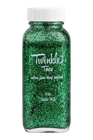 A collection of bottles in various colors labeled 'TWINKLE TOES', indicating a variety of glitter solutions for horse hooves.