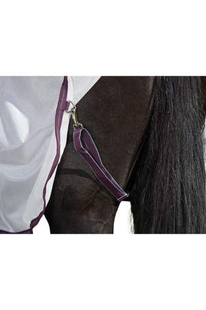 A horse wearing a white mesh sheet with red and grey trim, designed for fly protection and breathability with features such as adjustable leg straps and a large tail flap.