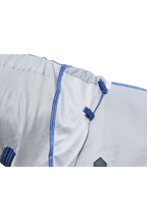 A horse wearing a gray WeatherBeeta ComFiTec Airflow II Detach A Neck mesh sheet designed for summer protection.