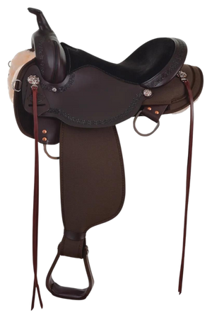 A brown Circle Y Daisetta Cordura Trail saddle with stainless steel hardware and copper flower conchos, featuring lightweight Cordura skirts and fenders, and an adjustable position flat plate rigging.