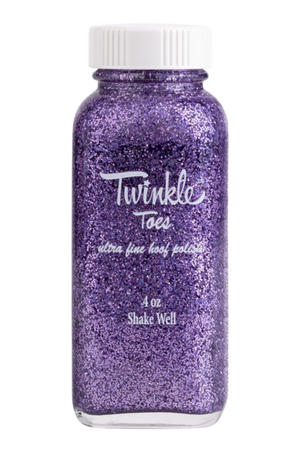 A collection of bottles in various colors labeled 'TWINKLE TOES', indicating a variety of glitter solutions for horse hooves.