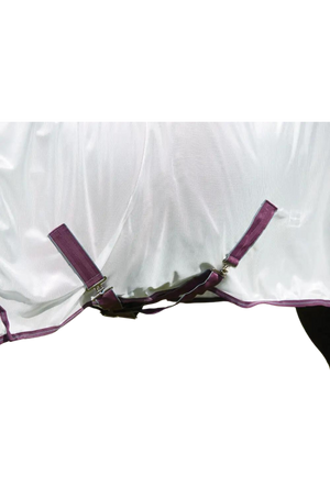 A horse wearing a white mesh sheet with red and grey trim, designed for fly protection and breathability with features such as adjustable leg straps and a large tail flap.