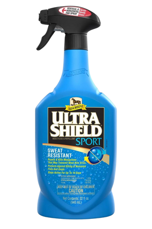 Two bottles of UltraShield Sport sweat-resistant fly spray for horses. One is a large 32oz spray bottle, and the other is a smaller trigger spray bottle both are blue with product name and logos.