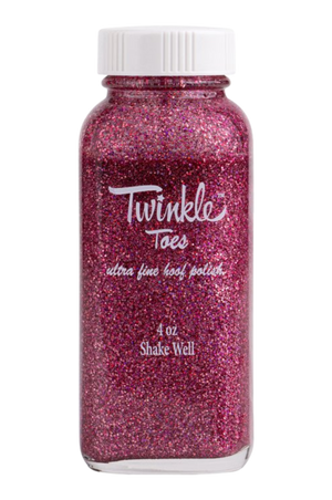 A collection of bottles in various colors labeled 'TWINKLE TOES', indicating a variety of glitter solutions for horse hooves.