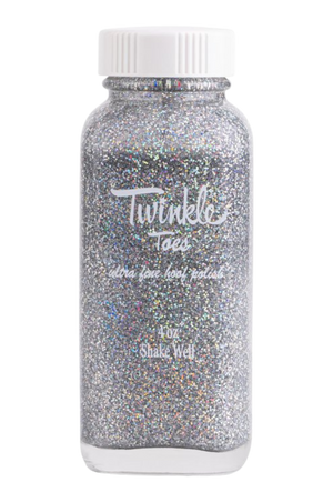 A collection of bottles in various colors labeled 'TWINKLE TOES', indicating a variety of glitter solutions for horse hooves.
