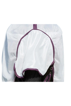 A horse wearing a white mesh sheet with red and grey trim, designed for fly protection and breathability with features such as adjustable leg straps and a large tail flap.