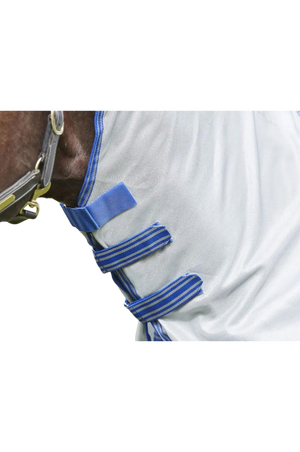 A horse wearing a gray WeatherBeeta ComFiTec Airflow II Detach A Neck mesh sheet designed for summer protection.