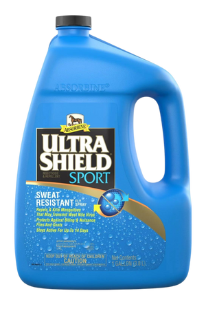 Two bottles of UltraShield Sport sweat-resistant fly spray for horses. One is a large 32oz spray bottle, and the other is a smaller trigger spray bottle both are blue with product name and logos.