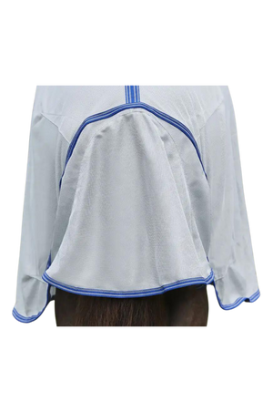 A horse wearing a gray WeatherBeeta ComFiTec Airflow II Detach A Neck mesh sheet designed for summer protection.