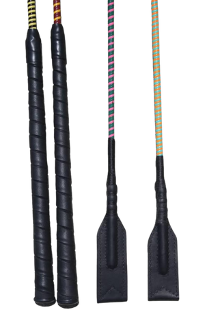 A collection of custom handmade soft crop whips with various handle colors and poppers.