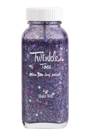 A collection of bottles in various colors labeled 'TWINKLE TOES', indicating a variety of glitter solutions for horse hooves.